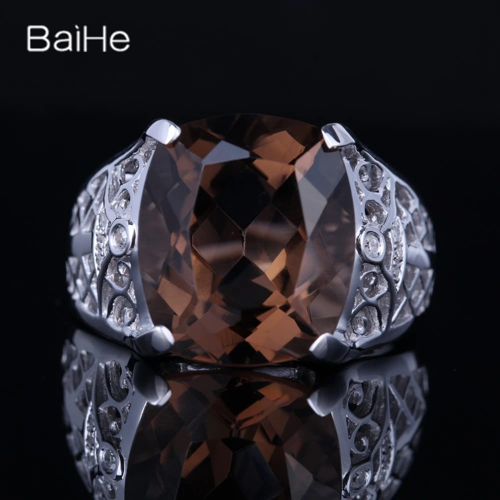 

BAIHE Real Solid 14K White Gold Genuine Smokey Quartz ring for women men Party Daily Wear Fine Jewelry Making anillos vòng