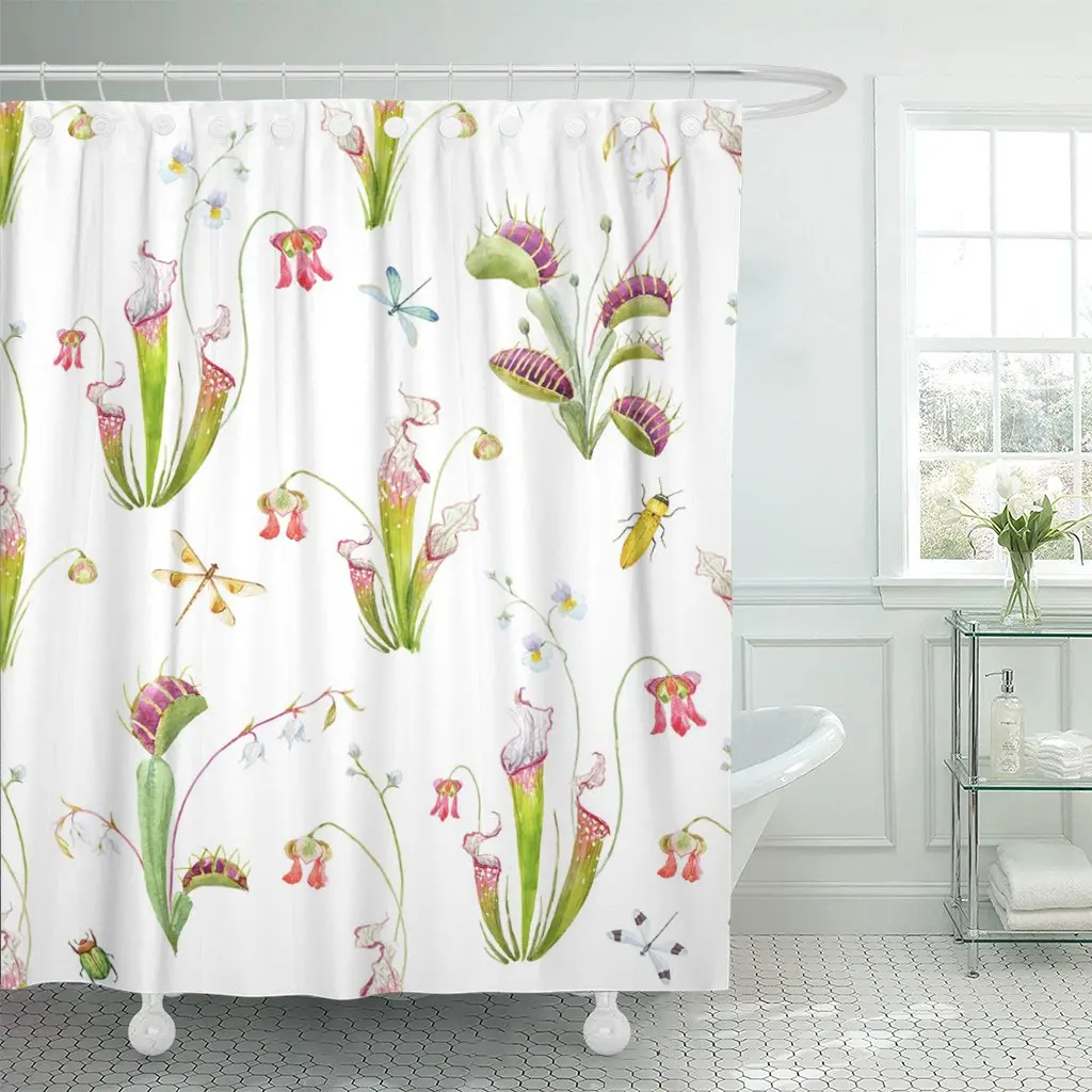 Shower Curtain Watercolor Pattern with Tropical Carnivorous Plants Venus Flytrap Sarracenia Dragonfly and Flowers Waterproof