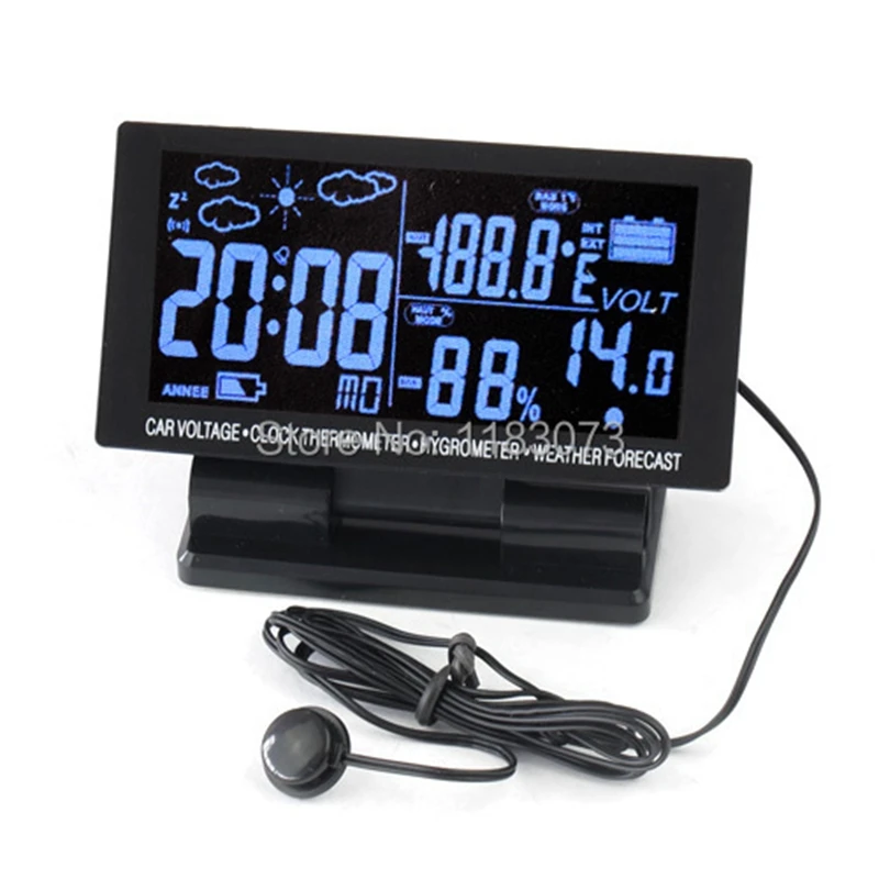 Brand 4in1 Digital Car Thermometer Hygrometer DC 12V LCD Vehicle Voltage Clock Weather Forecast Temperature Humidity Meter