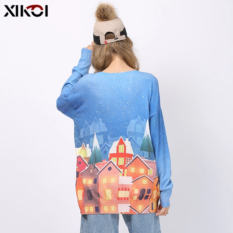 XIKOI Ladies Snow House Printed Sweater Fashion Women Christmas O-Neck Long Sleeve Blue Pullover Loose Sweaters Tops Jumper Pull