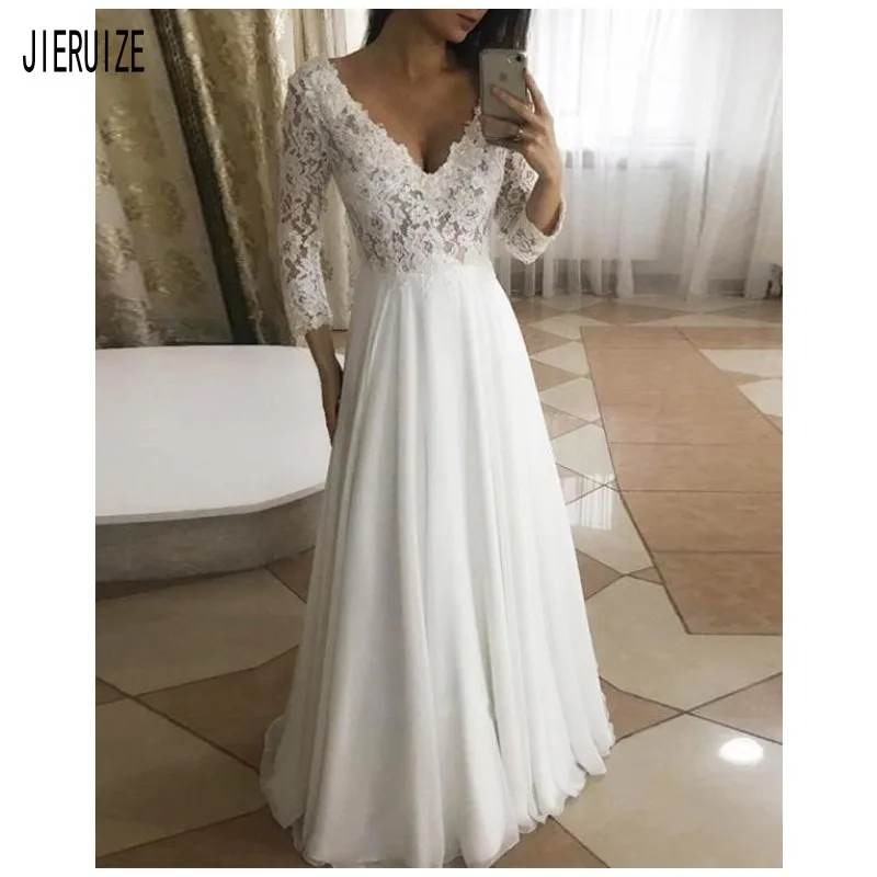 JIERUIZE Charming Lace Wedding Dresses Sexy V Neck 3/4 Sleeves Bride Dresses Chiffon Bridal Gown vestido de noiva Customized