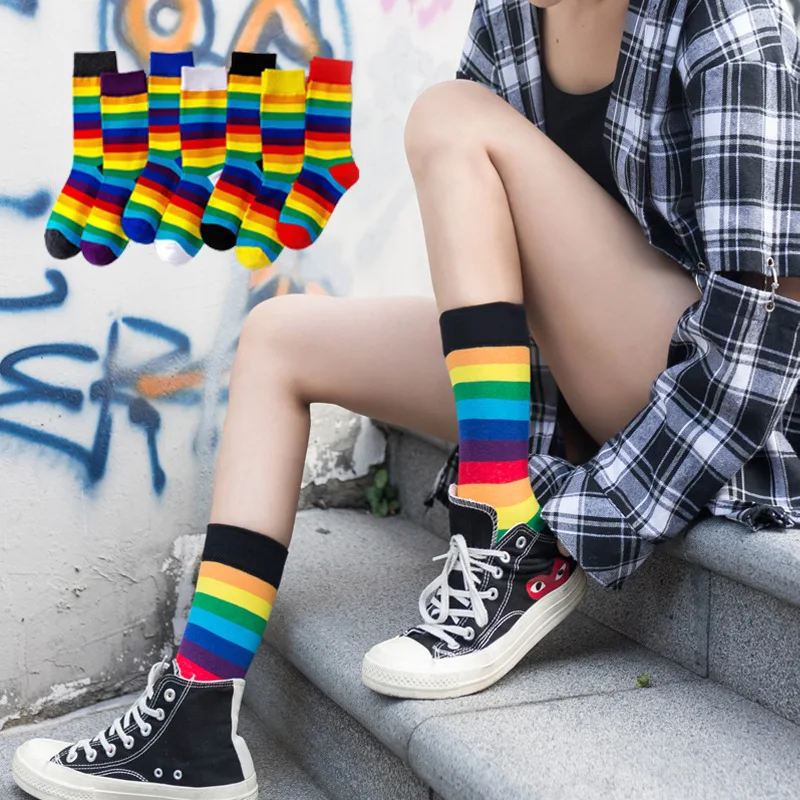 Chaussettes arc-en-ciel Harajuku pour femmes, chaussettes colorées hip hop de rue, style coréen, couleur bonbon, skateboard