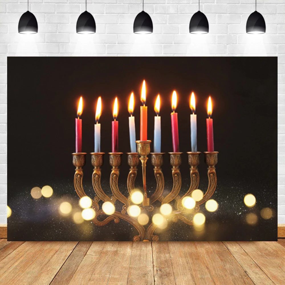 Laeacco Candle Menorah Flame Hanukkah Light Bokeh Dot Polka Birthday Custom Photographic Photo Background For Photo Studio