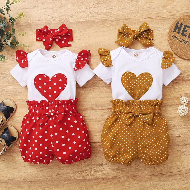 

Cute Newborn Baby Girls Summer Clothes Set Ruffle Romper Tops Polka Dot Short Pants Headband Toddler New Born Girls Outfits Suit