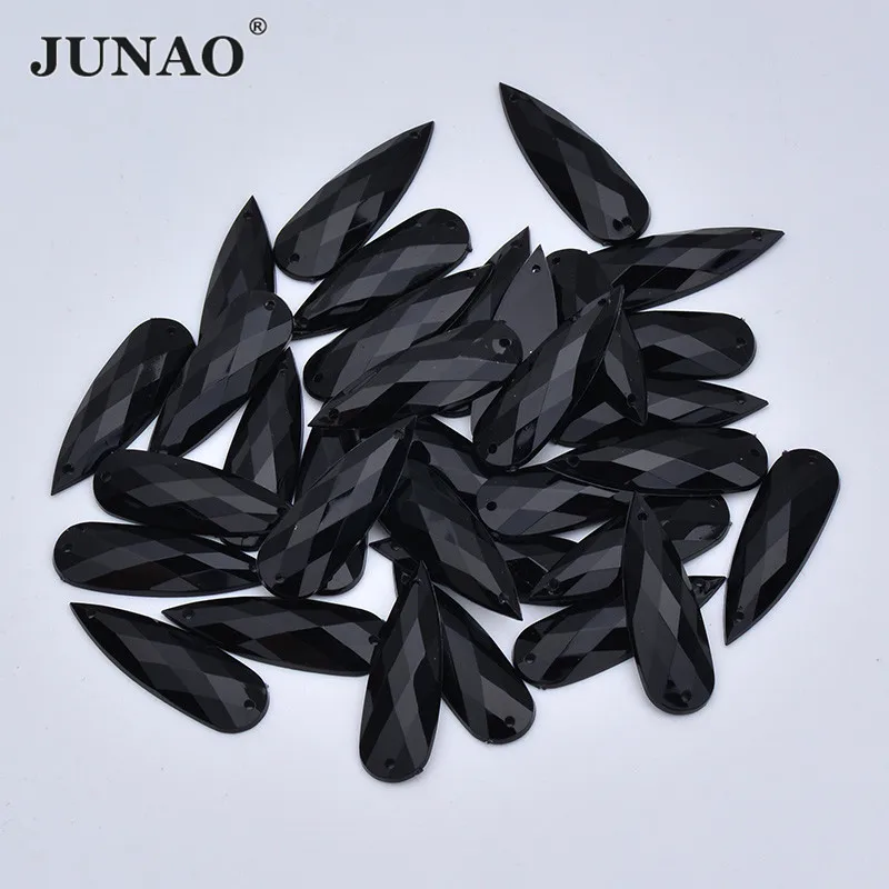 JUNAO 10x30mm Large Black Tear Drop Rhinestones Flat Back Sew On Acrylic Gems Sewing Big Crystal Strass Stones For Dress