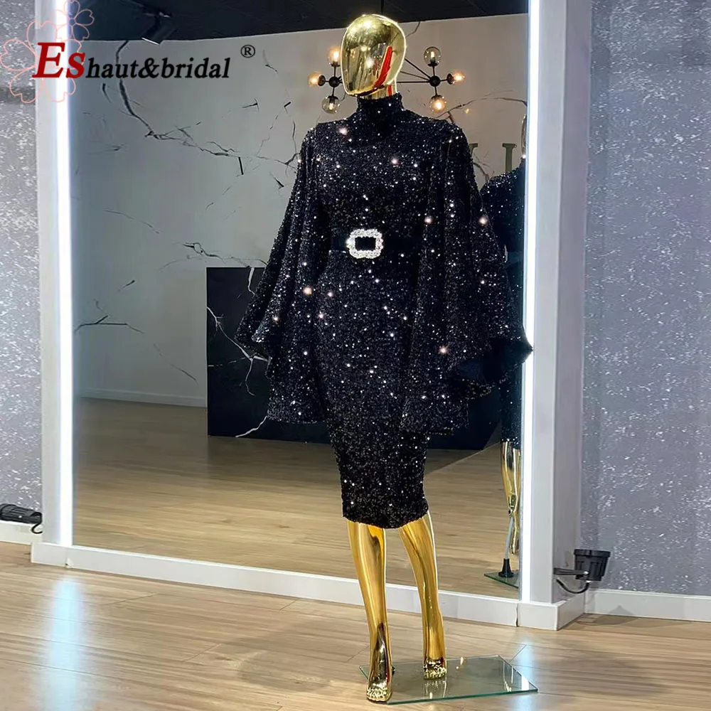 Luxury Sequin Velvet Evening Dresses 2024 High Neck Long Sleeves Mermaid Tea Length Formal Prom Wedding Party Gowns Customized