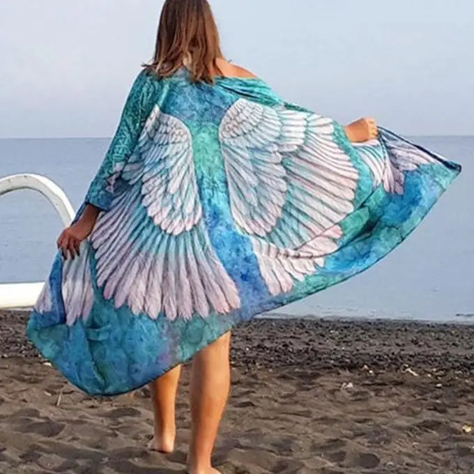 TEELYNN Boho Wing Printing Bikini Cover-ups Long Sleeve Chiffon Loose Dresses Summer Blouse Women Beach Wear Swimsuit Vestidos