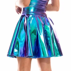 Womens Glossy High Waist Flare Skirt Club Stage Costume Party Dancewear Shiny Metallic Wetlook Clubwear Ruffle Bottom Hem Skirts