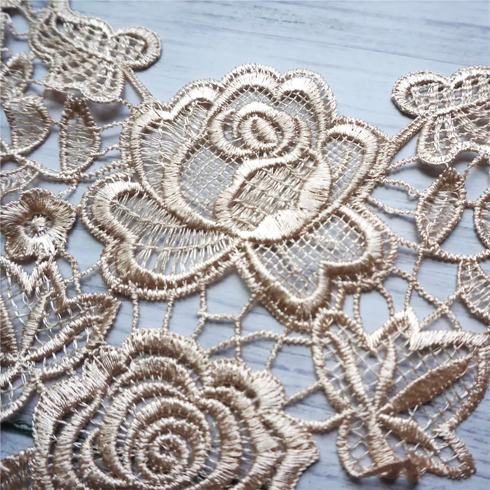 Beige Embroidered Gown Appliques Lace Fabric Trims Collar Mesh Sew On Patches For Wedding Decoration Dress DIY