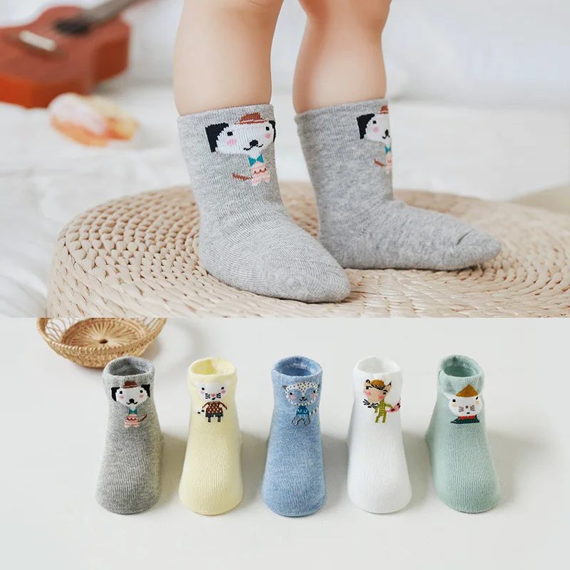 Chaussettes en coton avec motif animal mignon pour bébé, chaussettes optiques pour nouveau-nés, garçons et filles, automne et hiver, 5 paires par lot, 4 ans