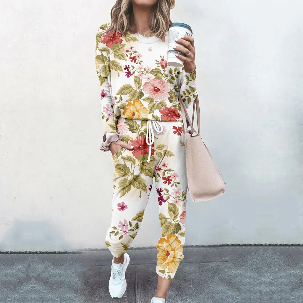 2021 Tops Spring Autumn Tracksuit Women 2 Piece Set Loose Simple Casual Street Style Floral Print Long Sleeve Suit Clothes