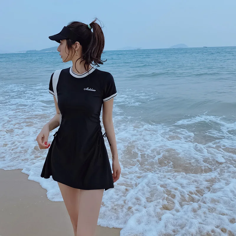 2 Piece Swimsuits Swimwear Push Up Bathing Suit Beach Women Swimming Suit Korea Style Skirted Solid Short Sleeve