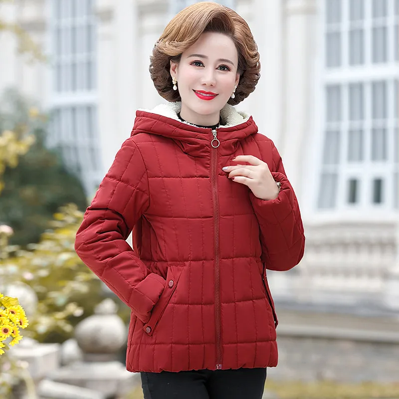 

Elegant Mother Winter Cotton Coat Fashion 5XL Plus Size Short hooded Plus velvet Outwear Parker Women Casual Warm Jacket