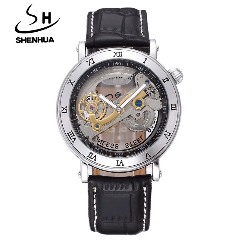 Luxury Brand Men Watches SHENHUA Fashion Transparent Watches Men Automatic Mechanical Watches Men Leather Strap montre homme