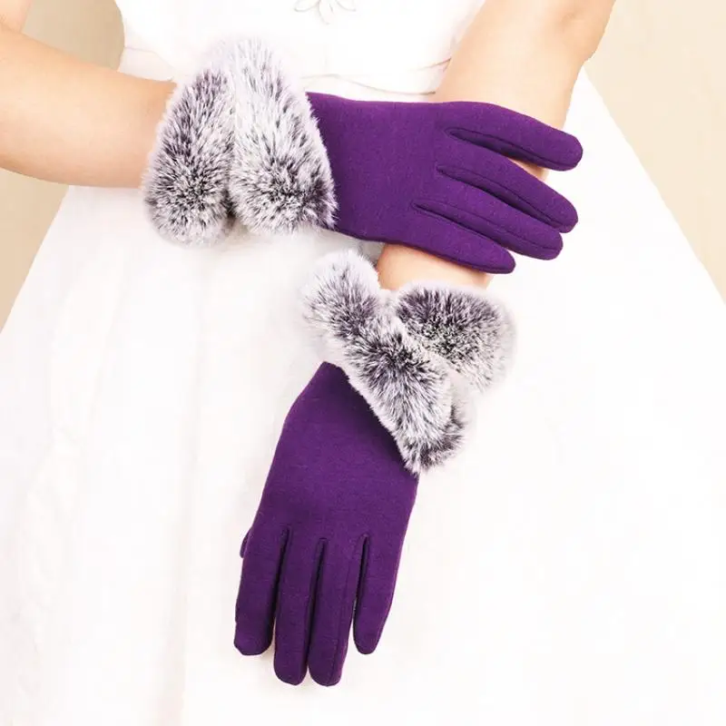 New Winter Ladies Gloves Imitate Rabbit Fur Mouth and Velvet, Riding Non-Fleece Touch Screen Warm and Cold Gloves In Winter