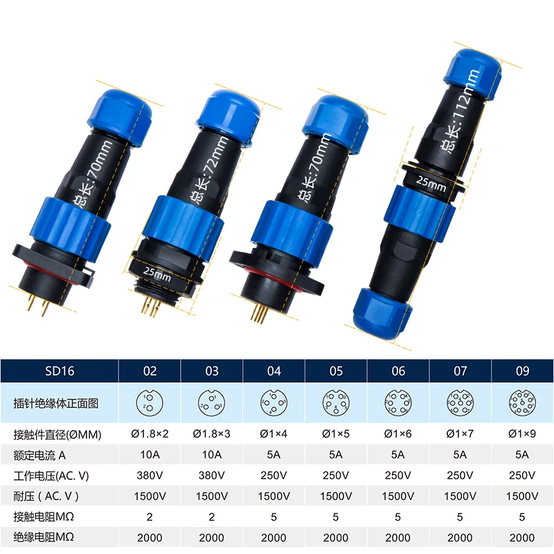 Waterproof connector SP16 IP68 cable connector plug & socket Male and Female 2 3 4 5 6 7 9 Pin