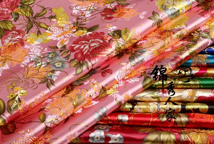 Vintage Brocade Fabric Chinese Style Silk Satin Jacquard Cloth Sewing for Ancient Tang Costume Kimono Bag Golden peony series