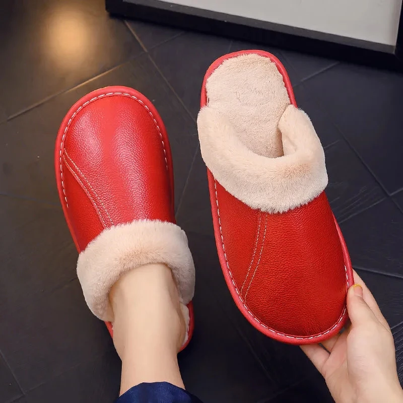 Brand genuine leather house shoes for womens slippers furry slides female indoor warm slippers