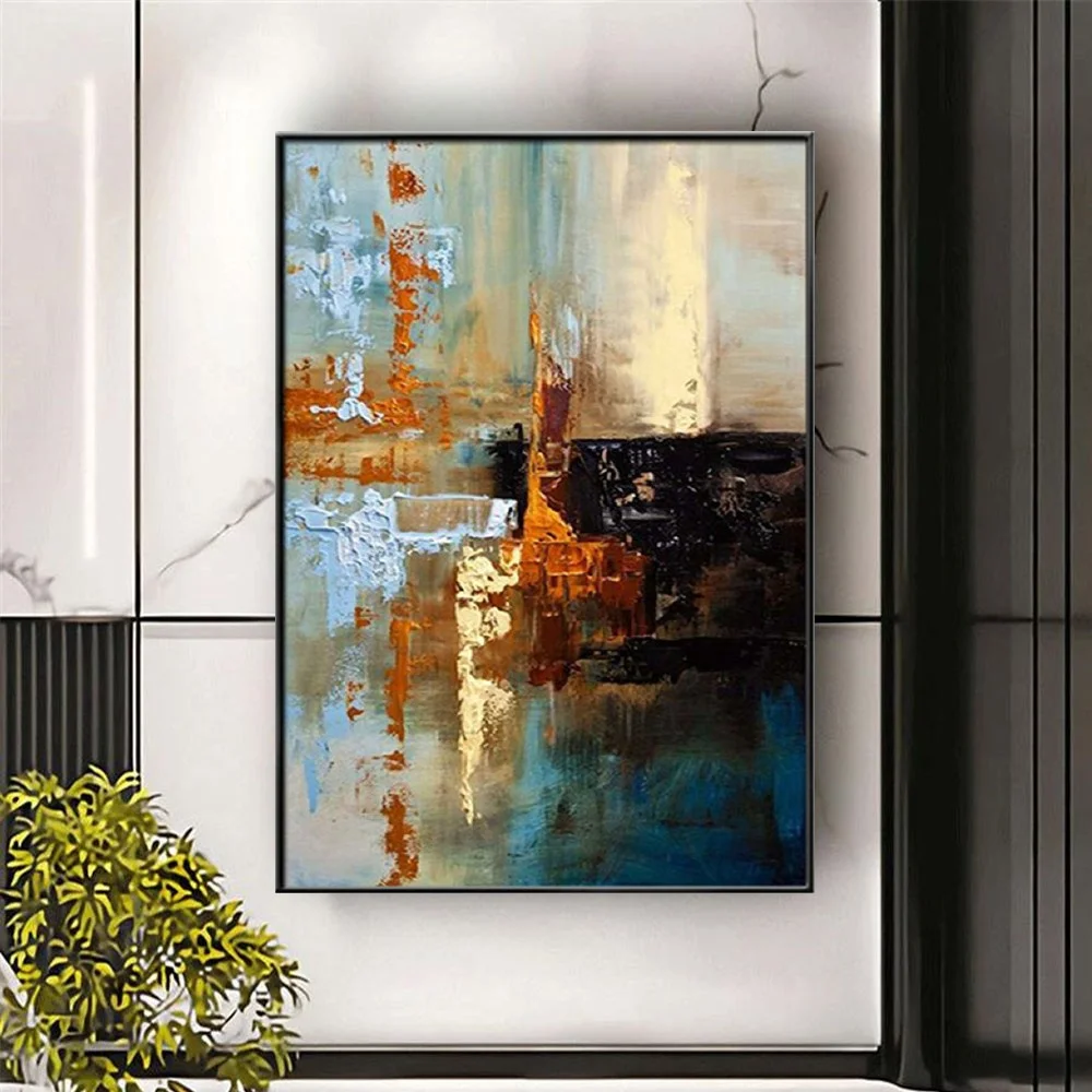 

Hand-painted Oil Painting Abstract Canvas Paintings Cyan And Gold Texture Landscape Wall Art Retro Decor Mural Living Room Decor