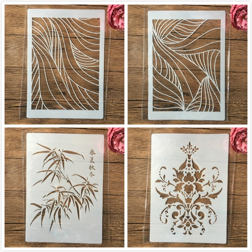 Pochoirs à fleurs de bambou ondulées, 4 pièces, format A4, 29cm, pour peinture murale, scrapbooking, coloriage, gaufrage, modèle décoratif d'album