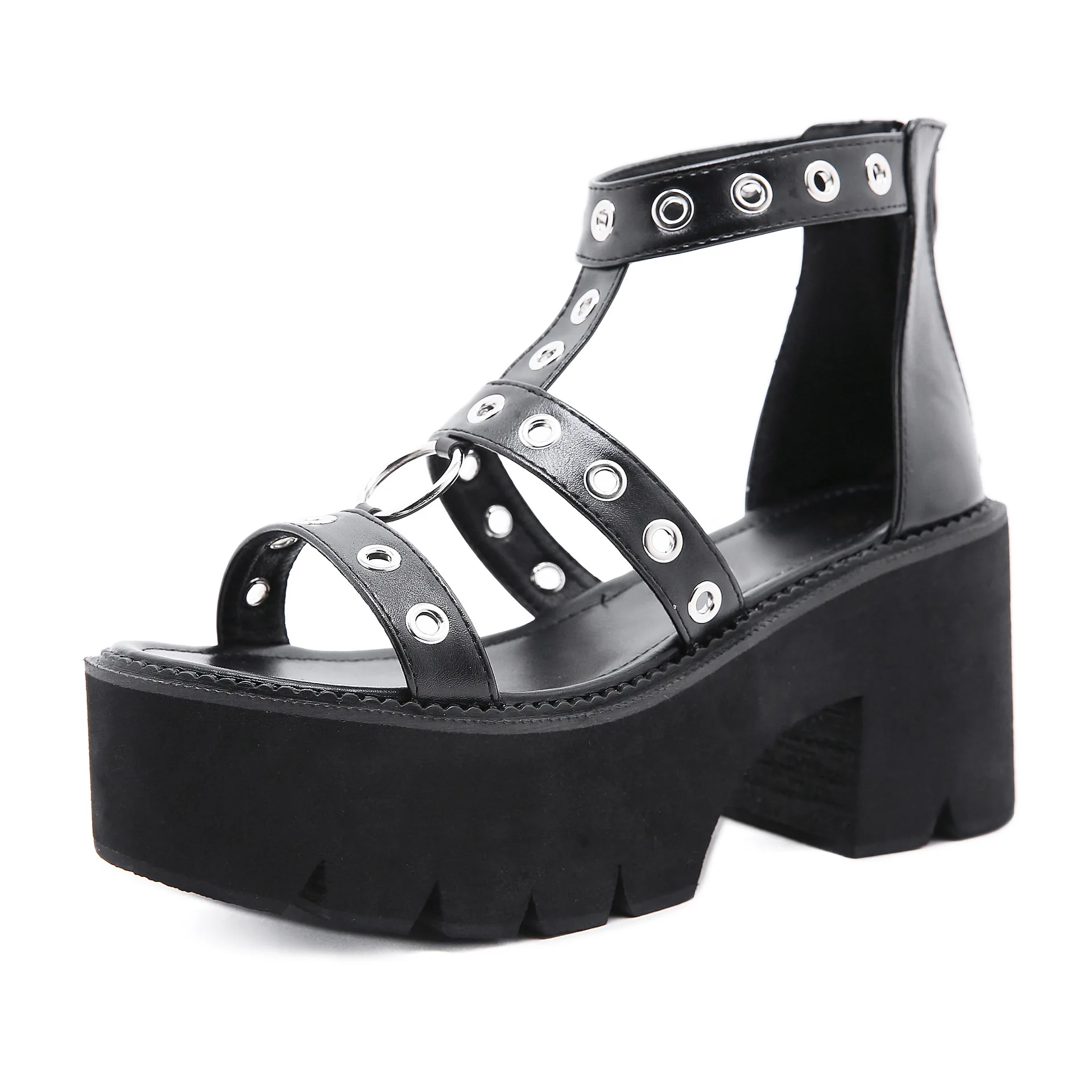 Retro Rivet Gothic Sandals Thick Heel Black Ring Hollow Ladies Comfortable Shoes Open Toe Thick Bottom Roman Style Wholesale