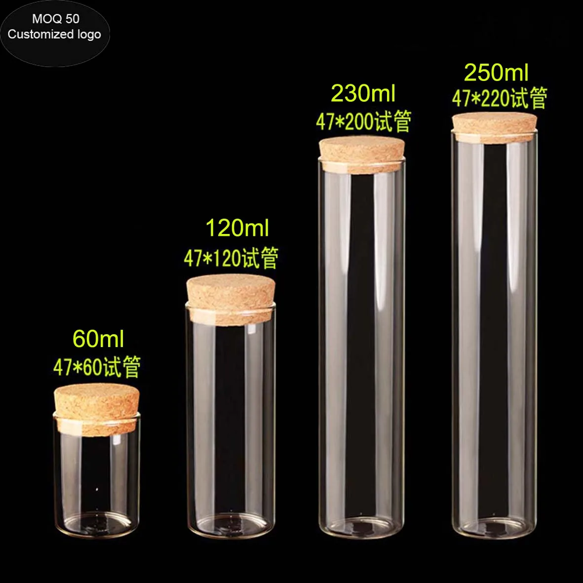 diameter 47mm high quality 60ml 120ml 230ml 250ml big glass cork bottle glass test tube with cork for tea candy flowers packing