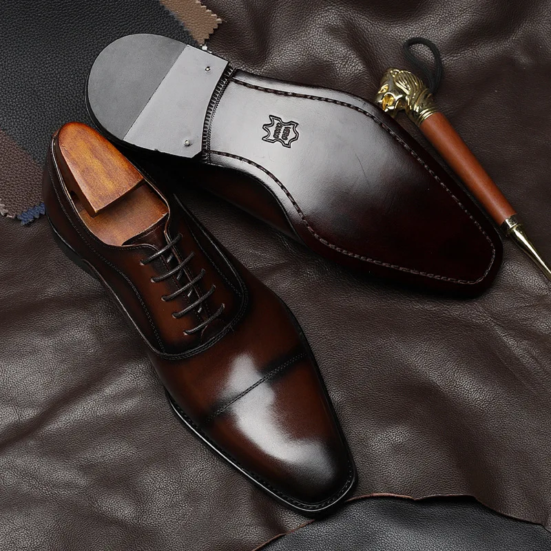 Men's Handmade Leather Shoes 2024 Spring Summer New Business Dress Three-Joint Formal Shoes Men Lace-Up Oxfords