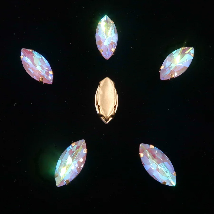Navette-förmige Goldkrallenfassungen, 20 Stück, Regenbogenfarbene Glaskristalle, 7*15mm, zum Aufnähen, Pferdeaugen-Kristalle, für Taschen, DIY-Besatz – Detail 17
