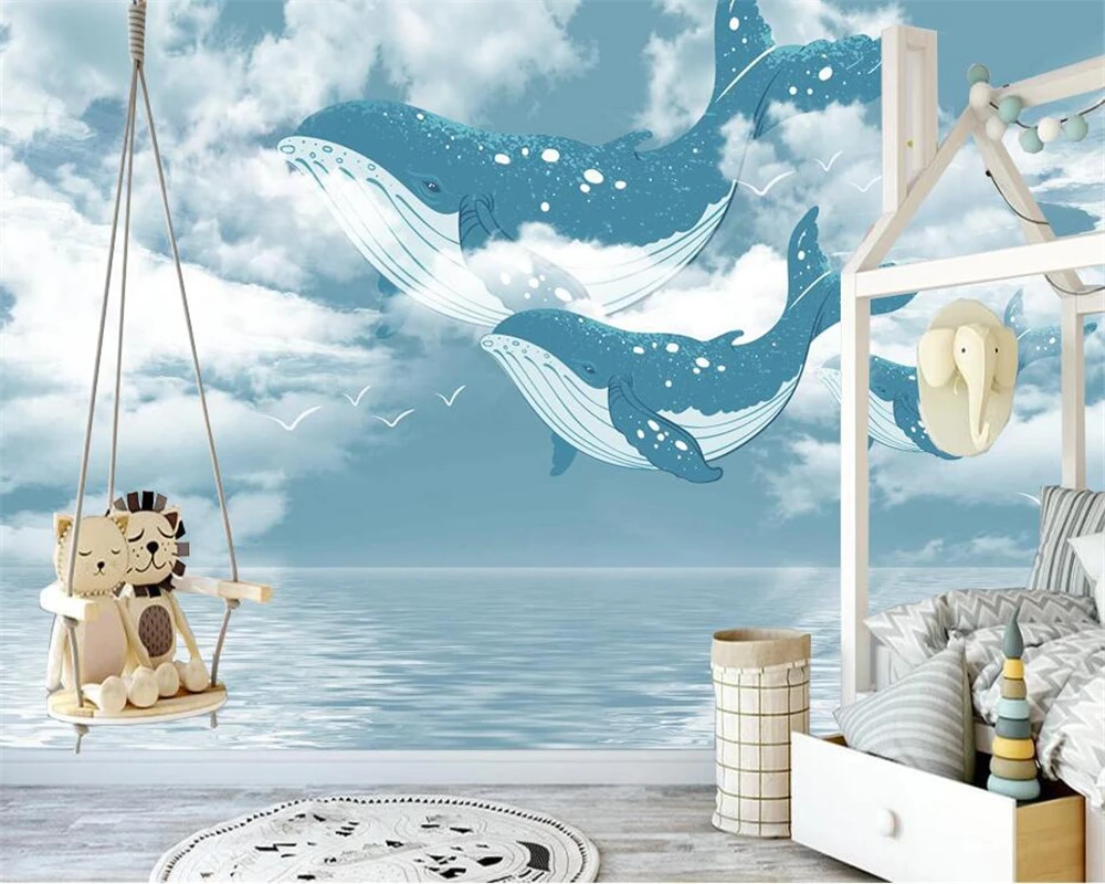 Personalizado 3d mural oceano céu baleia quarto das crianças fundo da parede phots papel de parede para paredes do quarto 3d