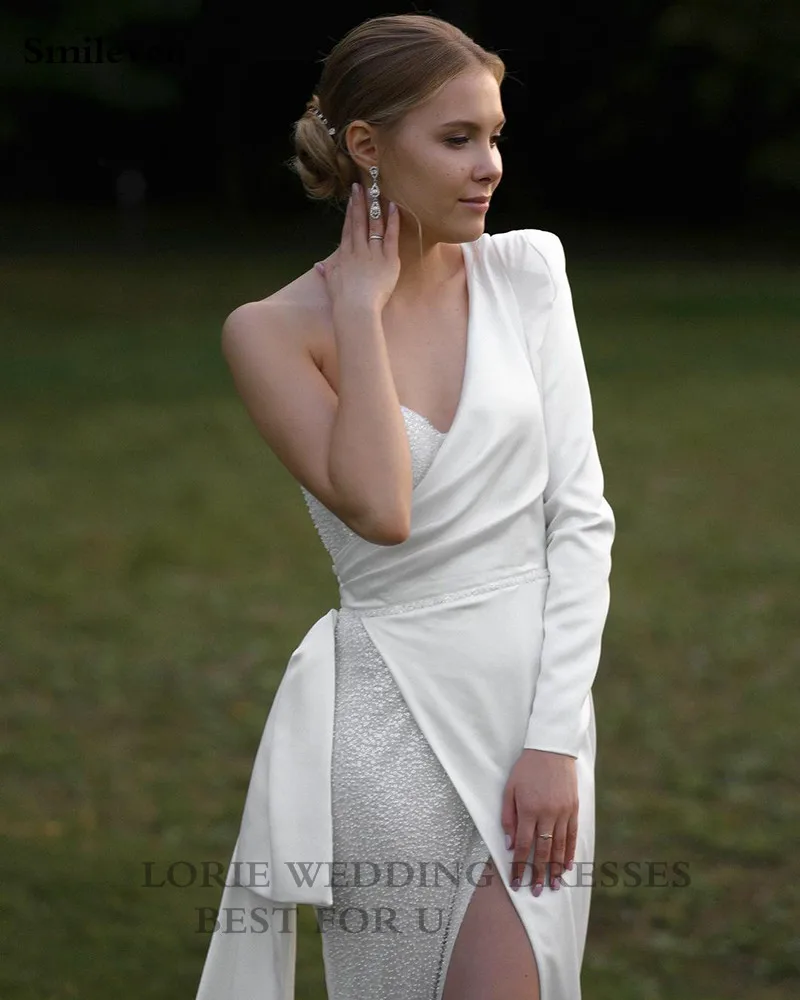 Smileven – robe De mariée sirène en Satin doux, asymétrique épaule dénudée, manches longues, paillettes, fente latérale