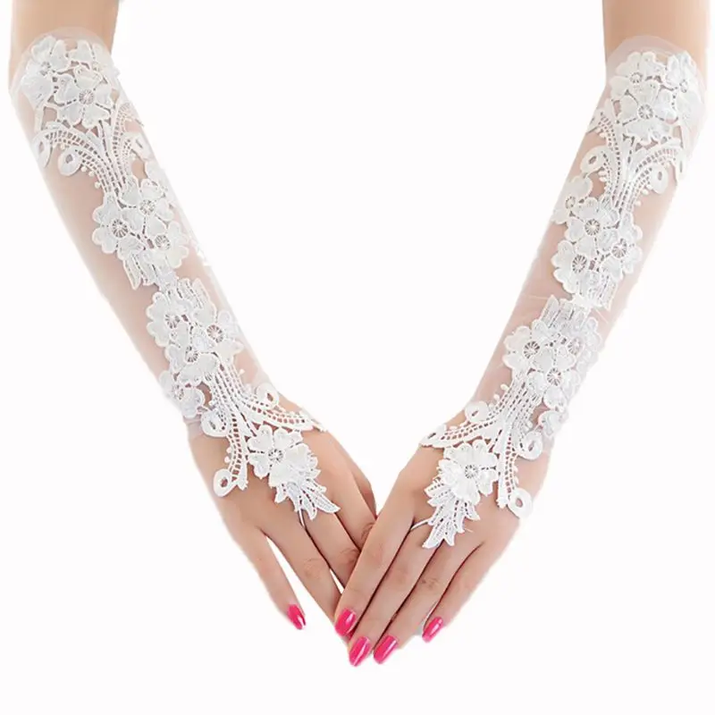 Ladies Sweet Embroidery Floral Lace Long Gloves Sheer Mesh Length Bridal Wedding Prom Sunscreen Fingerless Mittens