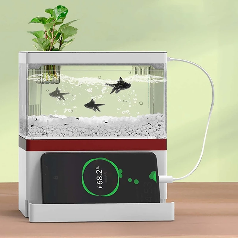 Desktop Mini Fish Tank with Filter LED Light Aquarium Tropical Freshwater Phone & Pad Holder Hydroponic Plants Basket for Home