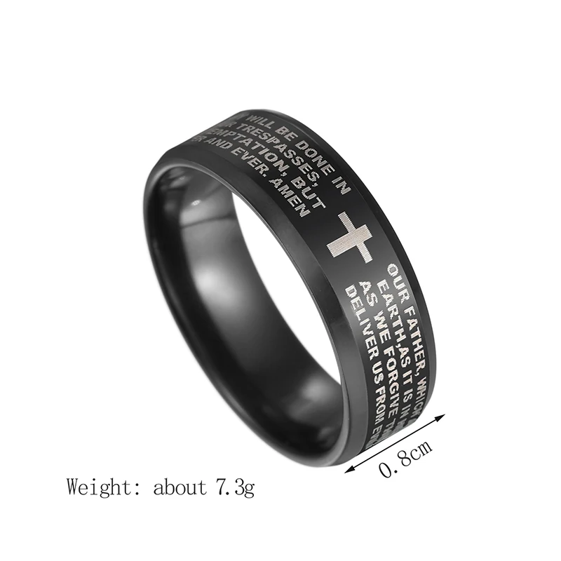 AsJerlya Black Titanium Steel English Letter Lord\'s Prayer Ring Serenity Men\'s Bible Cross Rings For Women Jesus Jewelry