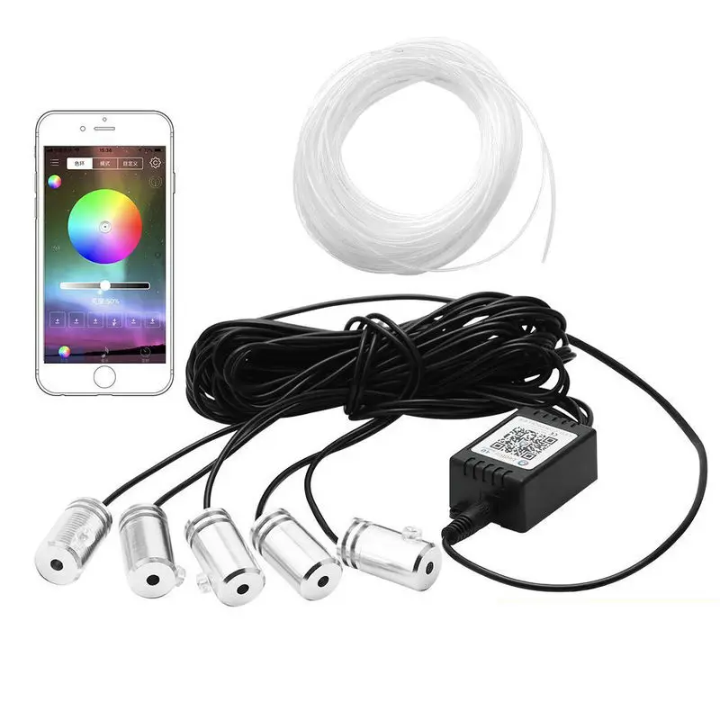 

5 in 1 RGB LED Car Interior Fiber optic Dash Board Door Atmosphere Light Smart phone App controlled Lighting source+6M Cable