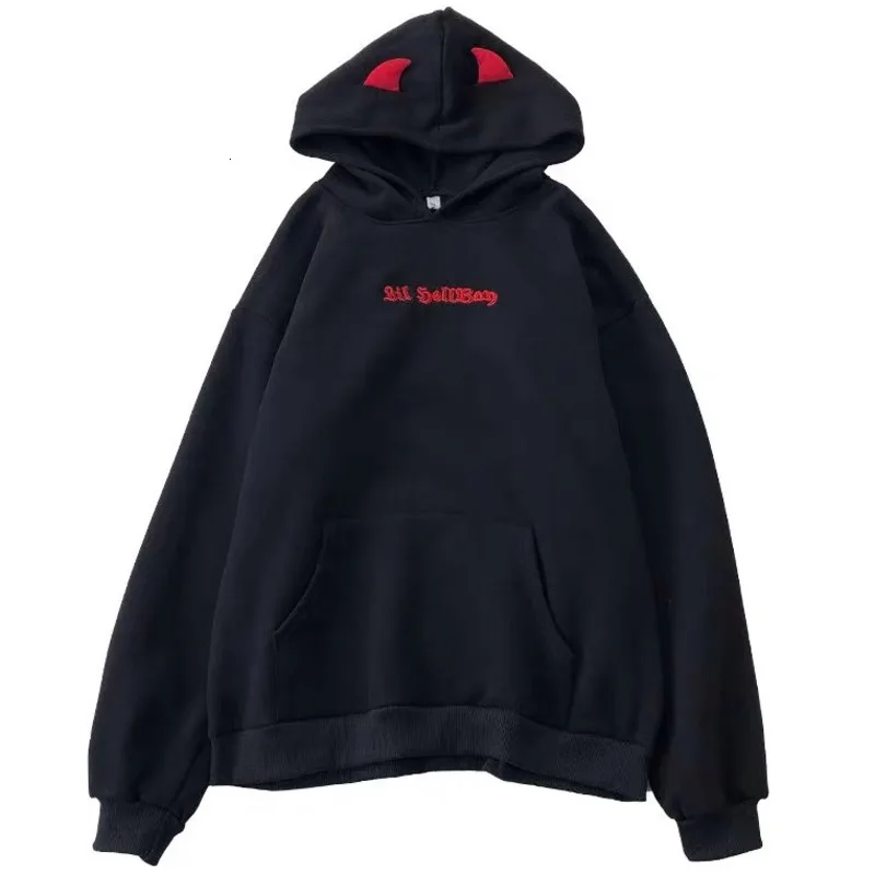 Harajuku Hoodies Girl Little Devil Horns Gothic Hooded Sweatshirts Women Demon Fly Wings Loose Pullovers Pocket Tops Streetwear