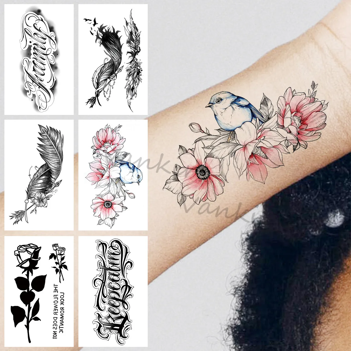 Faux tatouages temporaires pour femmes et filles, autocollant de couleur pivoine, colibri, plume réaliste, fleur de Rose, col de bras