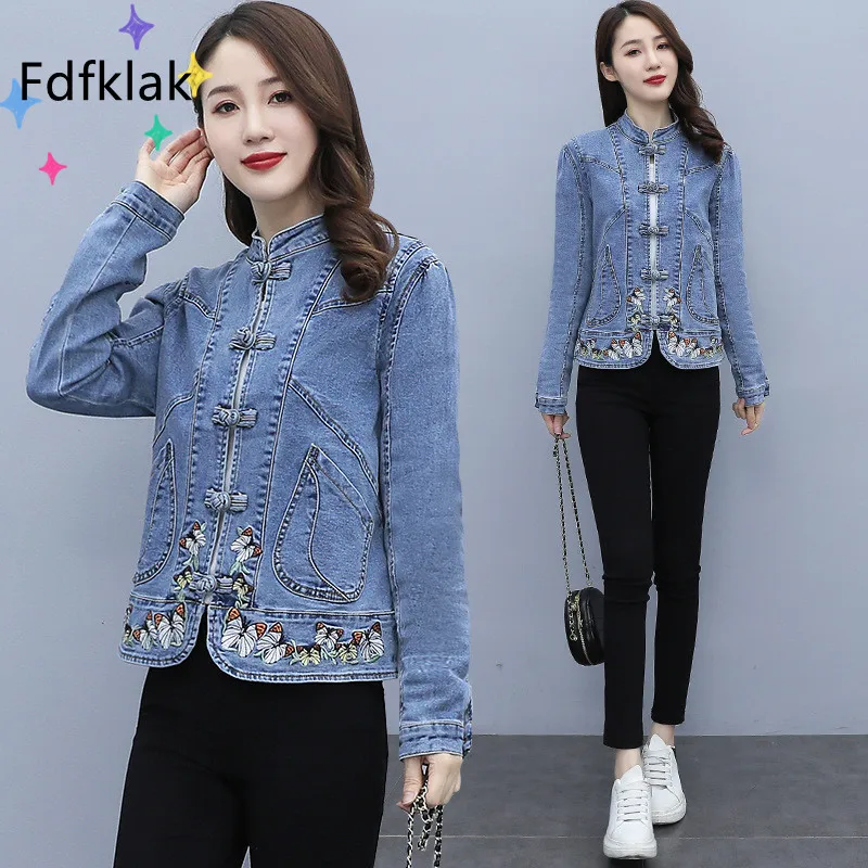 Fdfklak Autumn National Denim Jacket For Woman Korean Slim Embroidery Retro Blouses Casual Stand-Up Collar Coat Buttoned Top