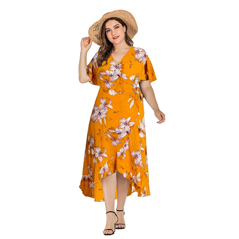 Vestido de verano de manga corta con flores para mujer, traje largo de estilo vendaje, a la moda, talla grande, 2023