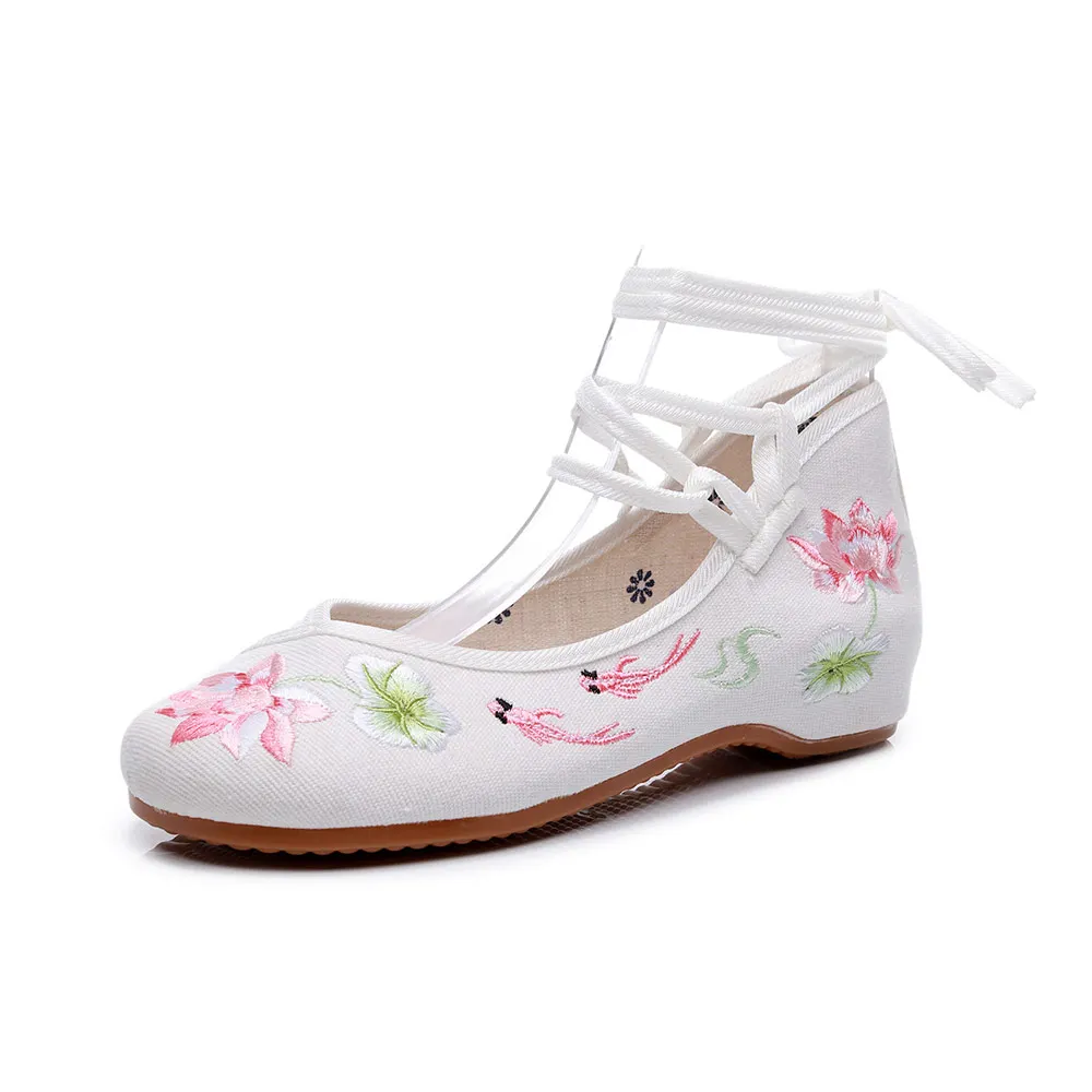 Veowalk Women Ankle Strap Cotton Fabric Ballet Flats Flowers Embroidered Ladies Casual Comfortable White Shoes Ballerinas Shoes