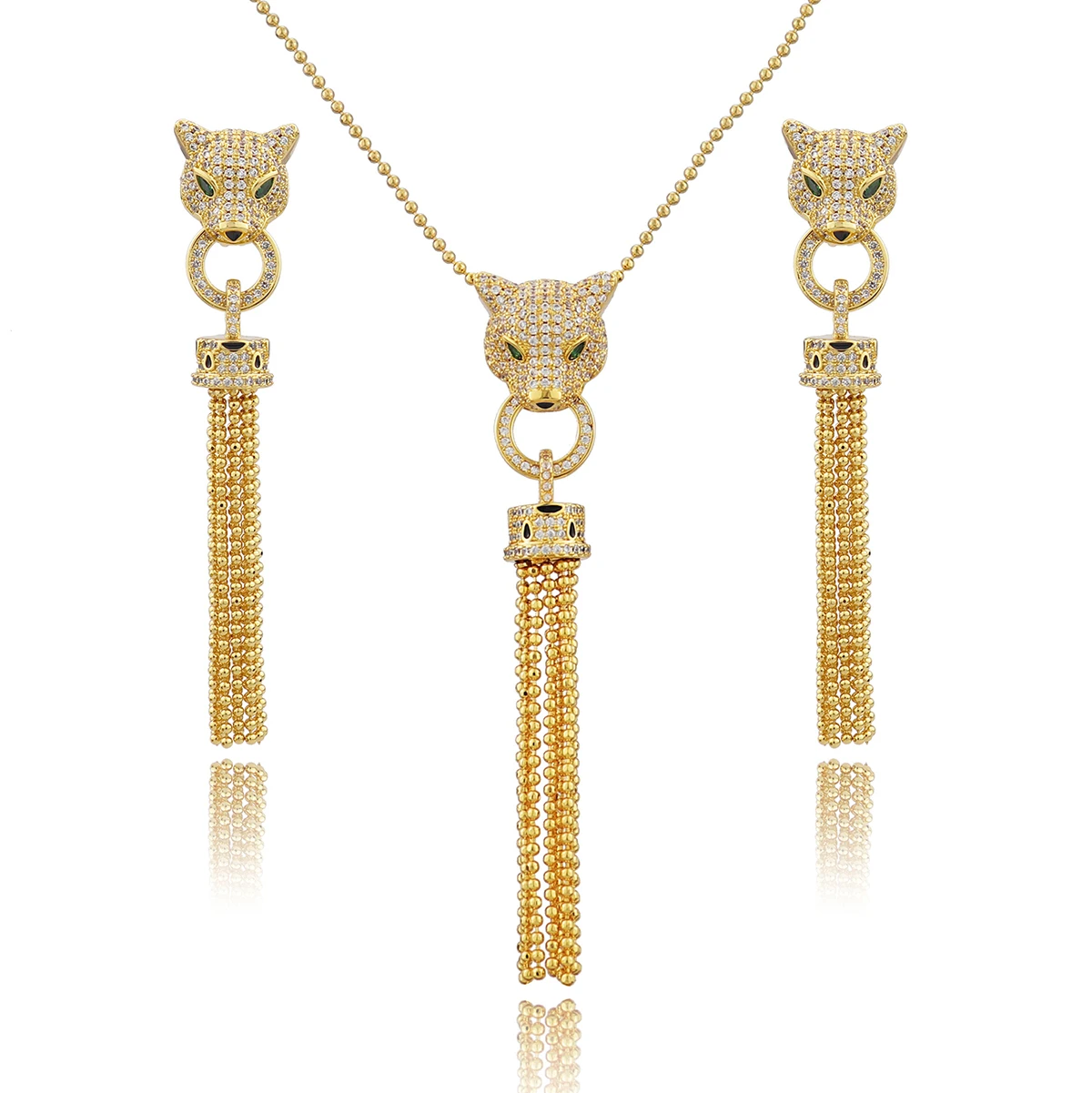 

Classic luxury fashion 18K gold color copper zircon leopard head mouth bite Chain Pendant Earrings Jewelry Set