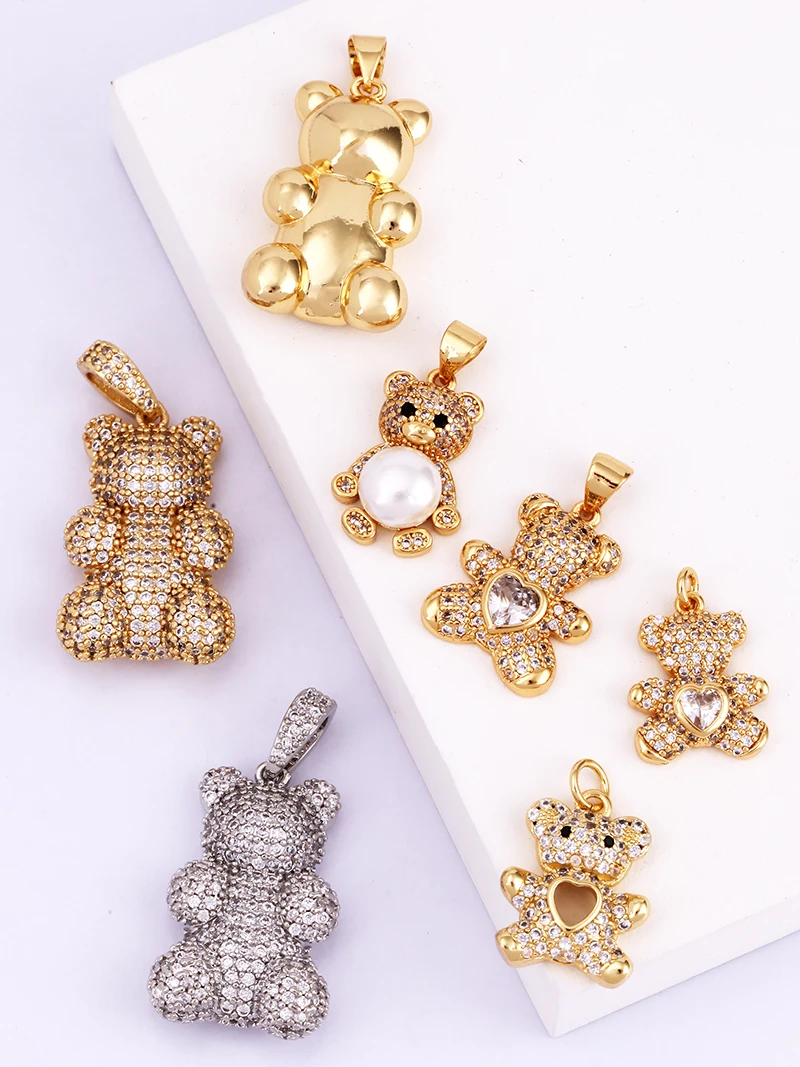 Niedlicher Bären-Charm-Anhänger in Goldfarbe, mit Perlen besetzt, mit Zirkonia CZ gepflastert, Schmuck, Halskette, Armband, Großhandel, Zubehör M85 – Detail 2