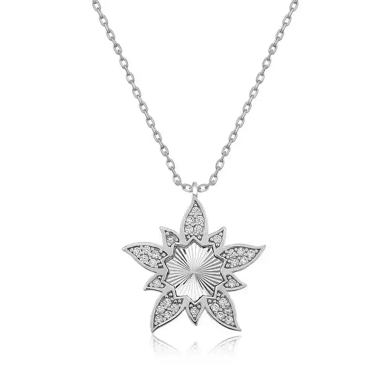 Silver Lotus flower Lady Necklace Zircon Stone 925 Sterling Women Fine Jewelry Wedding Party Birthday Gift - Box - for Stone - Pendant - Chain Choker - Female - Ladies - Fashion