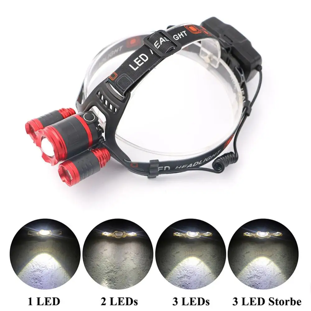 Super Bright LED Headlight 3*T6 Zoom LED Headlamp Flashlight Torch Head Lights Lamp+2*18650 Battery+AC/Car/USB Charger