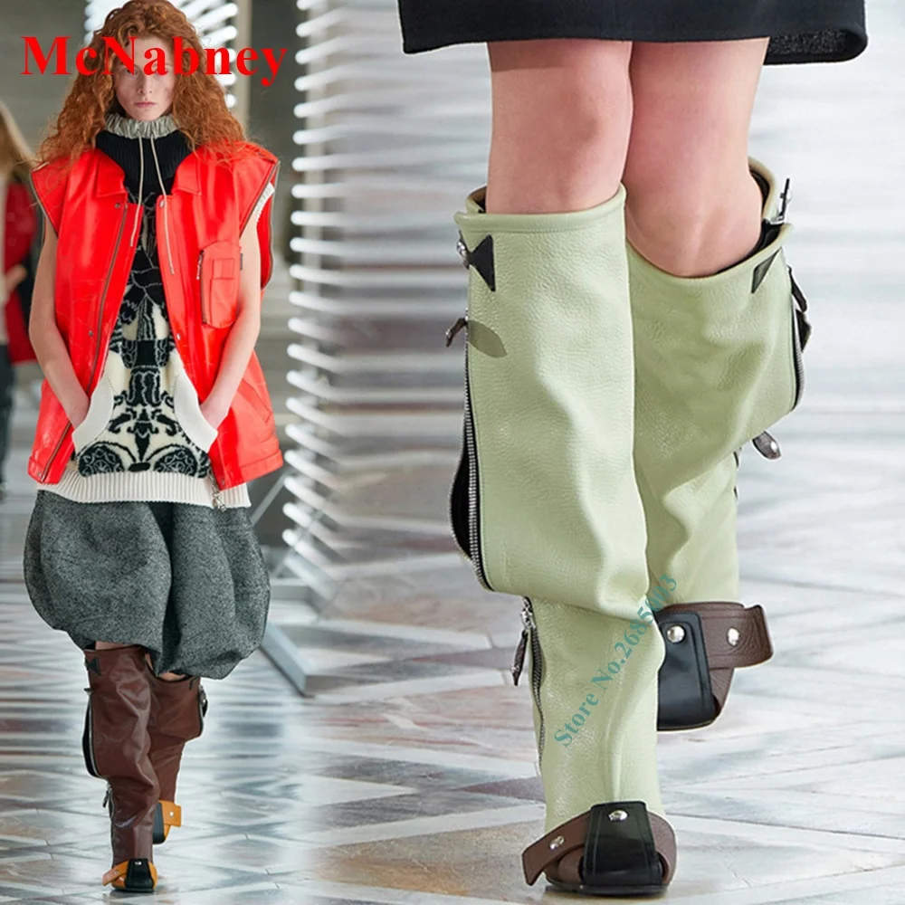 Square Toe Patchwork Knee High Boots Chunky High Heel Mixed Colors Side Zippers Fashion Show Women Autume Winter Party Dress