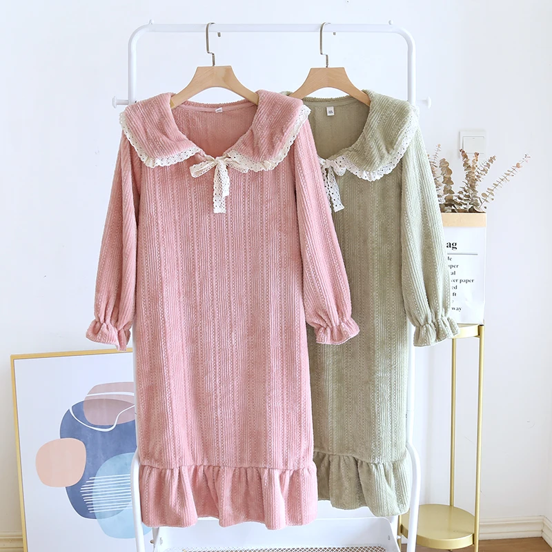 

1 Piece Winter Flannel Sleep Clothes Nightdress Femme Pyjama Sweet Nightgowns Casual Female Pijama Thicken Warm Homewear