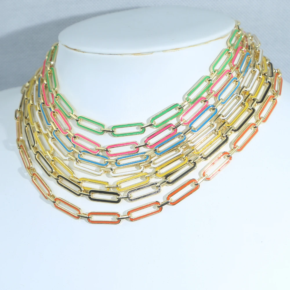 Rainbow Summer Fashion Jewelry 7 Colors Neon Enamel Paper Clip Chain Choker Necklace Gold Color