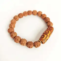 Tibetan Dzi with Rudraksha Bracelet Natural Bodhi Beads Beaded Stretch Nine Eye Dzi BB-137