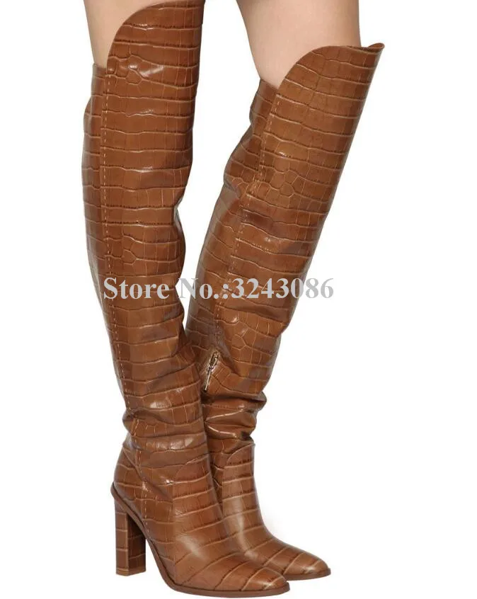 New Crocodile Leather Chunky Heel Over the Knee Boots Woman Round Toe Brown Thick Heel Long Boots Lady Large Size Winter Shoes