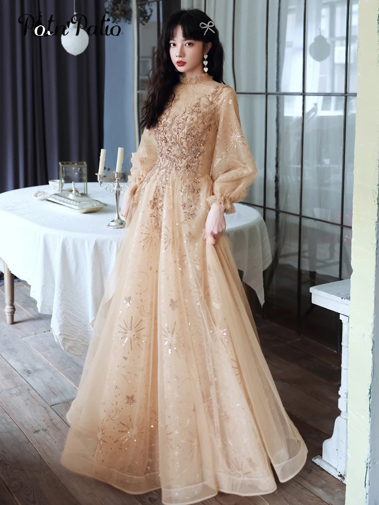 Modest Evening Dresses With Long Sleeves Luxury Appliquies Sequin Tulle Women Dresses Evening 2021