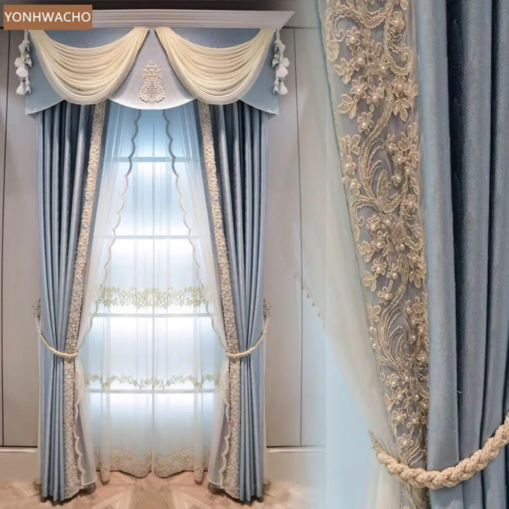 

Custom curtain European solid light luxury modern wind blue bedroom French cloth blackout curtain valance tulle panel C369